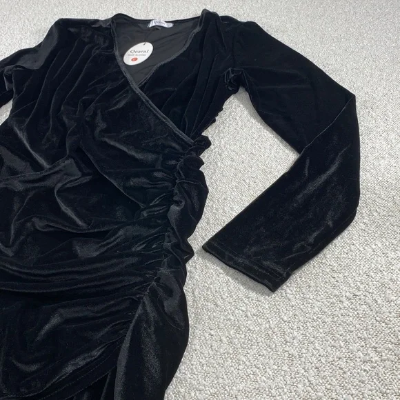 Black Velvet Wrap Dress with Ruching - Picture 4 of 9